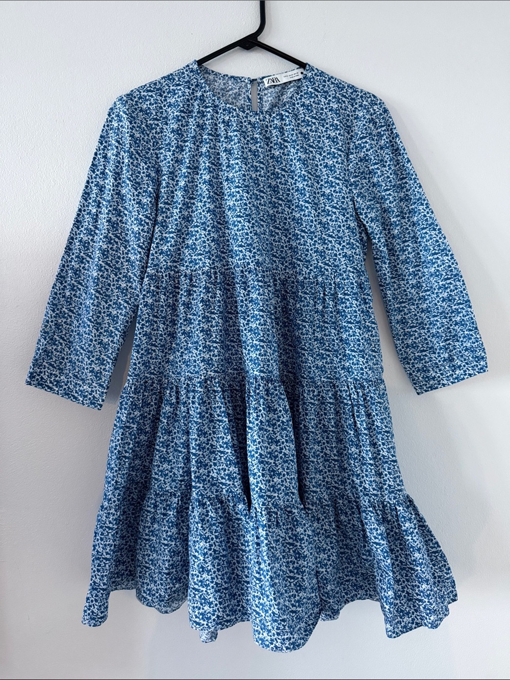Zara White and Blue Floral Tiered, Long-Sleeve Dress